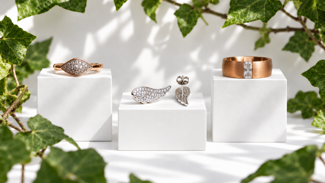 Rose Gaze und Rose Edge Ringe sowie Silver Wing Ohrstecker mit Zirkoniasteinen von JAEDÉLIN