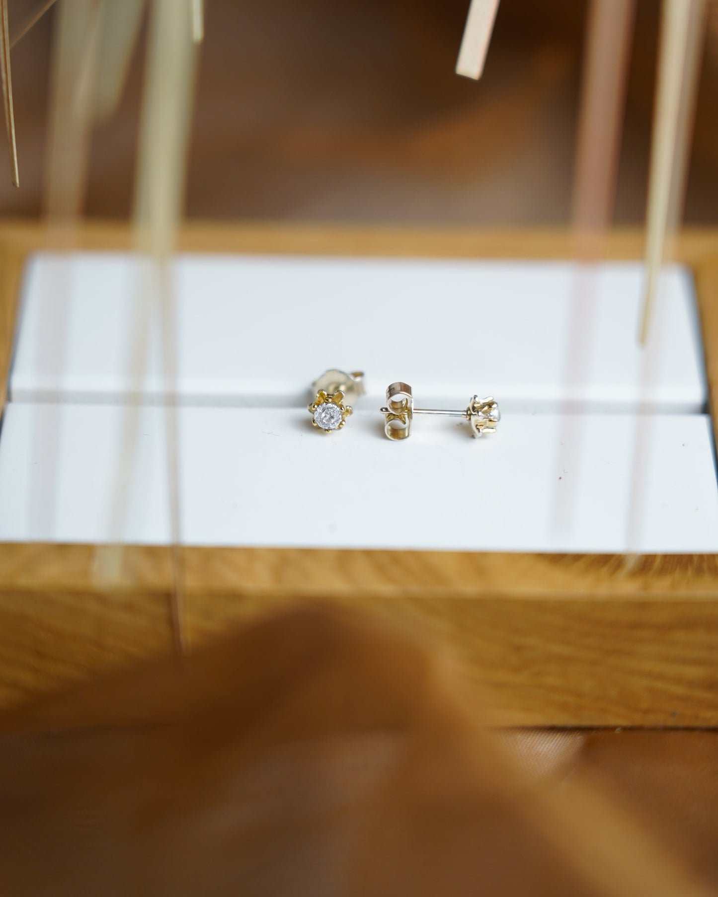 Golden Bloom Ohrstecker aus 585/- Gelbgold mit funkelndem Diamant in filigraner Krappenfassung.