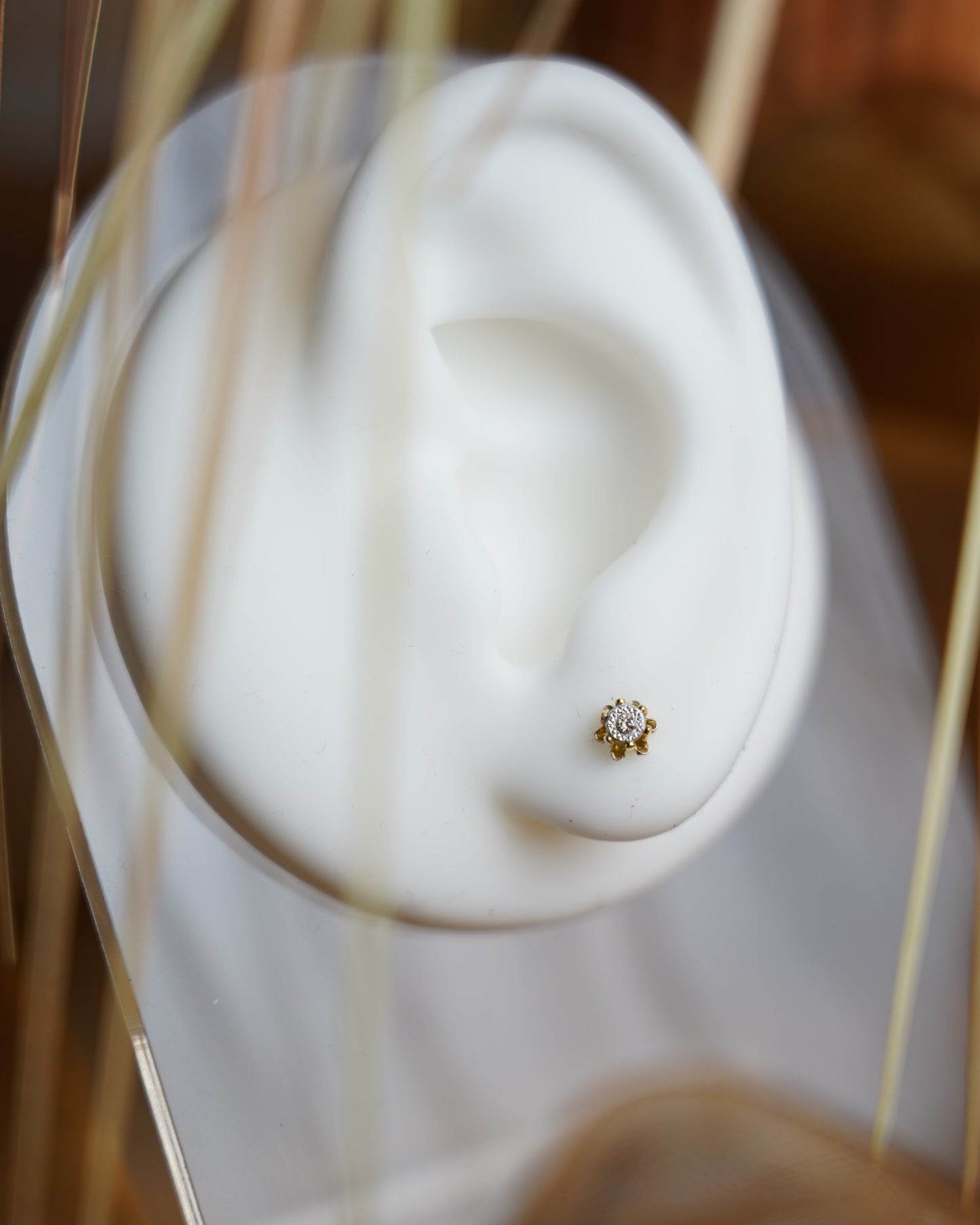 Golden Bloom Ohrstecker aus 585/- Gelbgold mit funkelndem Diamant in filigraner Krappenfassung.